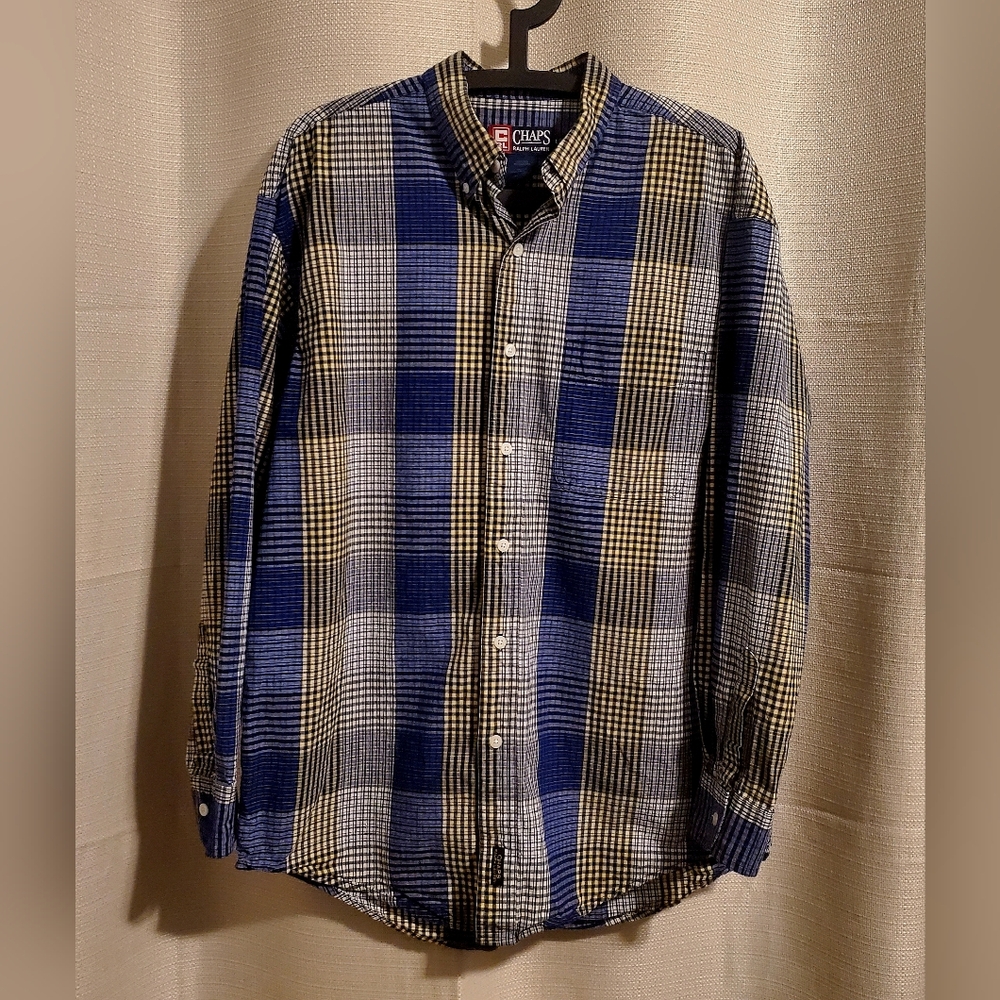 (4/$20) Chaps Men's Blue and Yellow Plaid Button Down Shirt